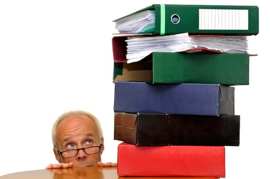 Worker with stack of files isolated in white