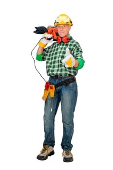 Mature construction worker isolated in white