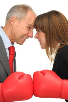 Business woman and businessman fighting isolated in white