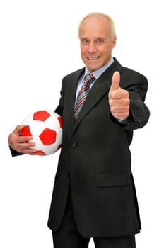 Businessman with soccer ball isolated in white