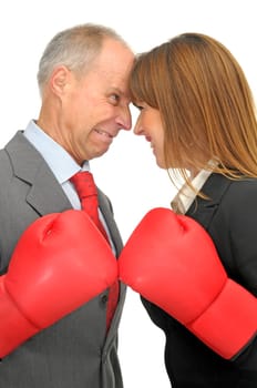 Business woman and businessman fighting isolated in white