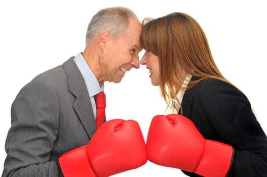 Business woman and businessman fighting isolated in white
