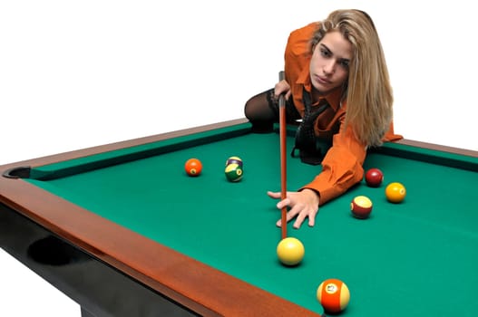 Sexy girl with man's shirt and tie playing snooker