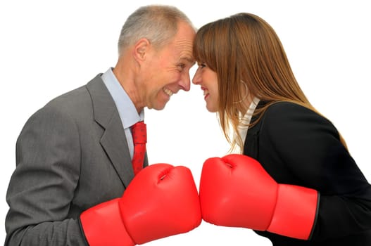 Business woman and businessman fighting isolated in white