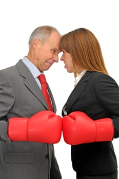 Business woman and businessman fighting isolated in white