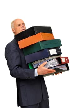 Mature businessman with stack of files isolated in white