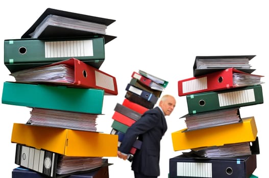 Worker with stack of files isolated in white