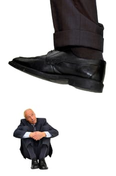 Mature businessman affraid of big CEO isolated in white