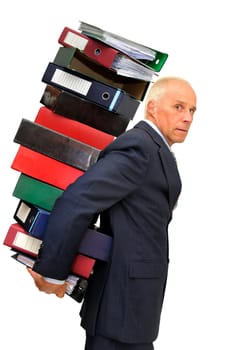 Worker with stack of files isolated in white