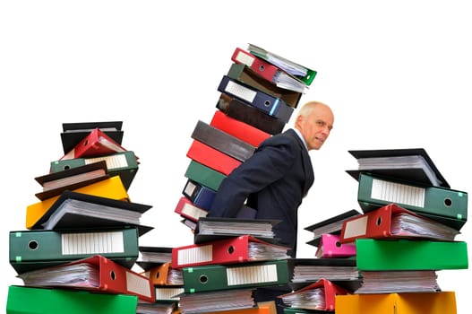 Worker with stack of files isolated in white