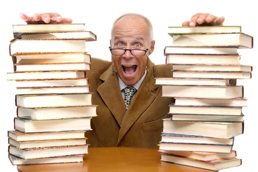 Mature man with books isolated in white