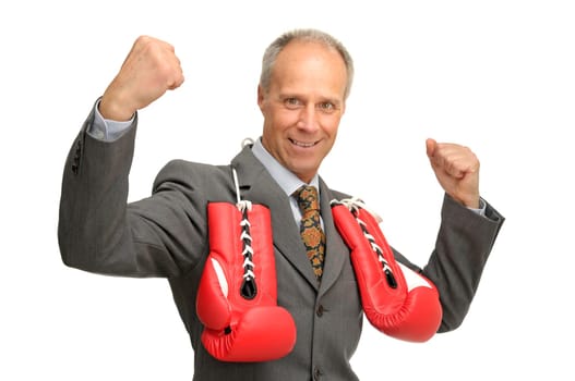Businessman with boxing gloves isolated against a white background