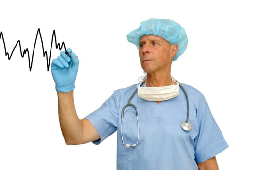 Doctor drawing a graphic isolated in white