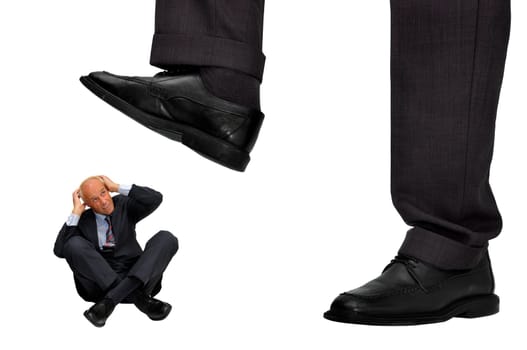 Mature businessman affraid of big CEO isolated in white