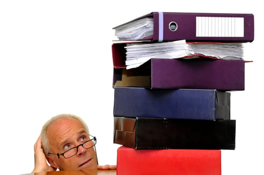 Worker with stack of files isolated in white
