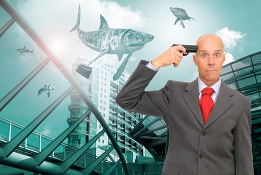 Desperate businessman with gun and business sharks all around