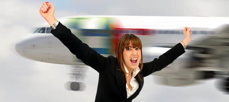 happy woman with a plane in the background