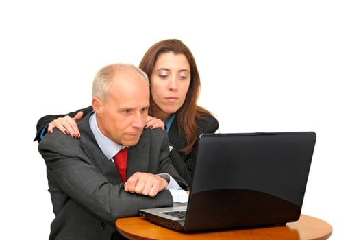 Businessman and woman with laptop isolated against a white background