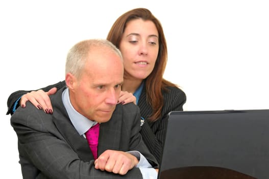 Businessman and woman with laptop isolated against a white background