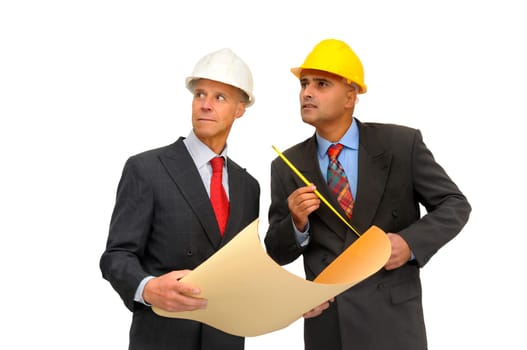 Two engineers isolated against a white background