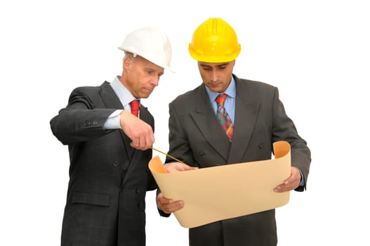 Two engineers isolated against a white background