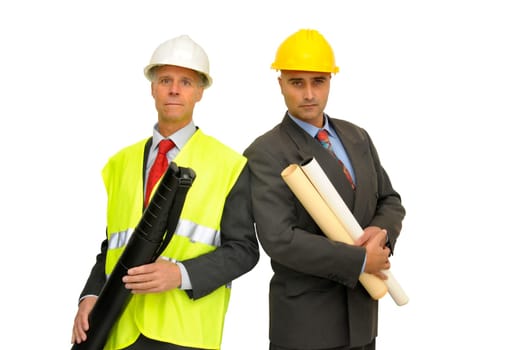 Two engineers isolated against a white background