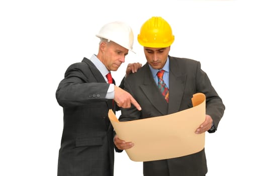Two engineers isolated against a white background