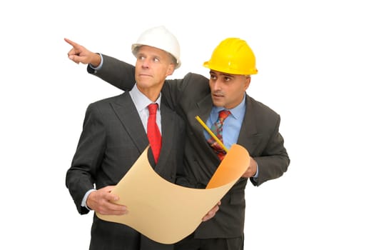 Two engineers isolated against a white background