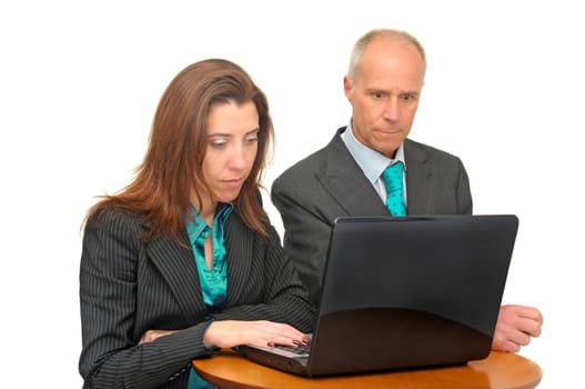 Businessman and woman with laptop isolated against a white background