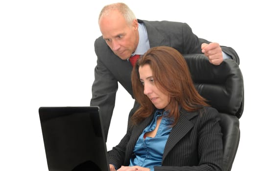 Businessman and woman with laptop isolated against a white background