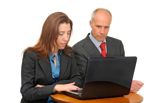 Businessman and woman with laptop isolated against a white background