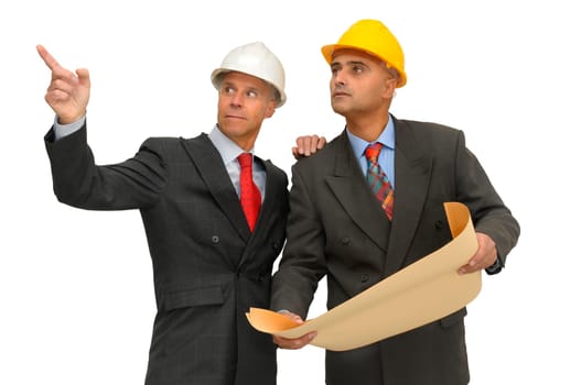 Two engineers isolated against a white background