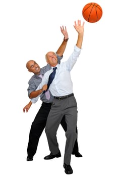 Two businessmen playing basketball isolated in white