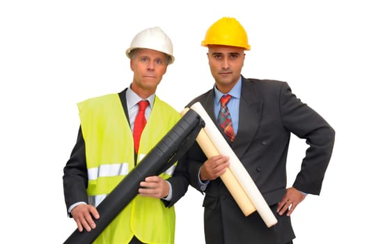 Two engineers isolated against a white background