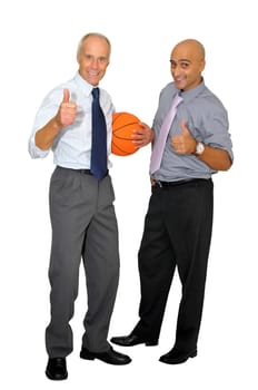 Two businessmen with a basketball isolated in white