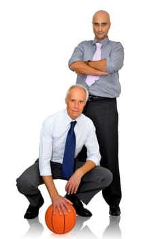 Two businessmen with a basketball isolated in white