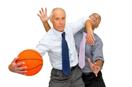 Two businessmen playing basketball isolated in white