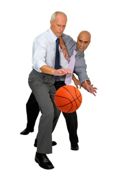 Two businessmen playing basketball isolated in white