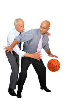 Two businessmen playing basketball isolated in white