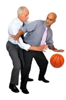 Two businessmen playing basketball isolated in white