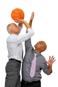 Two businessmen playing basketball isolated in white