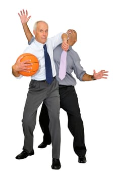 Two businessmen playing basketball isolated in white