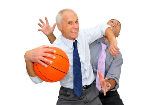 Two businessman with a basketball, playing isolated in white
