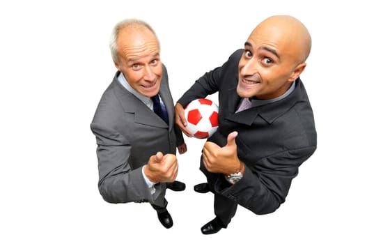 Two businessmen with a soccer ball isolated in white