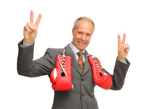 Businessman with boxing gloves isolated against a white background