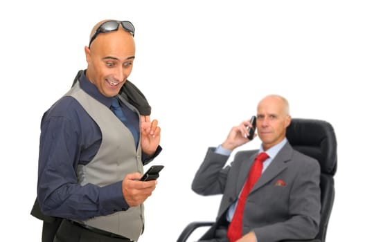 Mature executive calling a younger man for job offer isolated in white