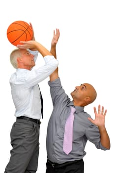 Two businessman with a basketball, playing isolated in white