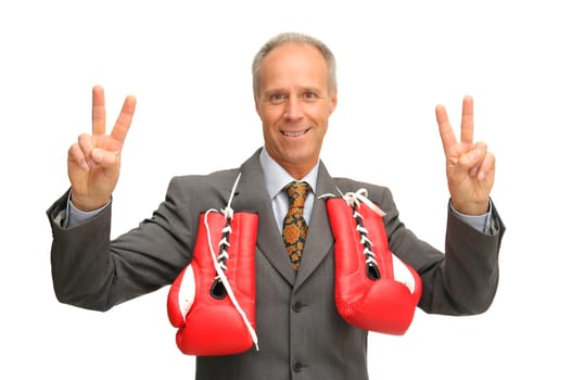 Businessman with boxing gloves isolated against a white background
