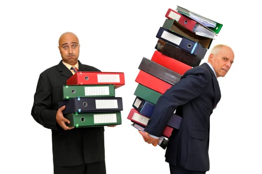 Workers with stack of files isolated in white