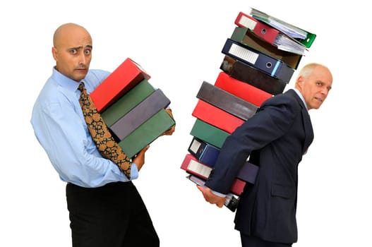 Workers with stack of files isolated in white